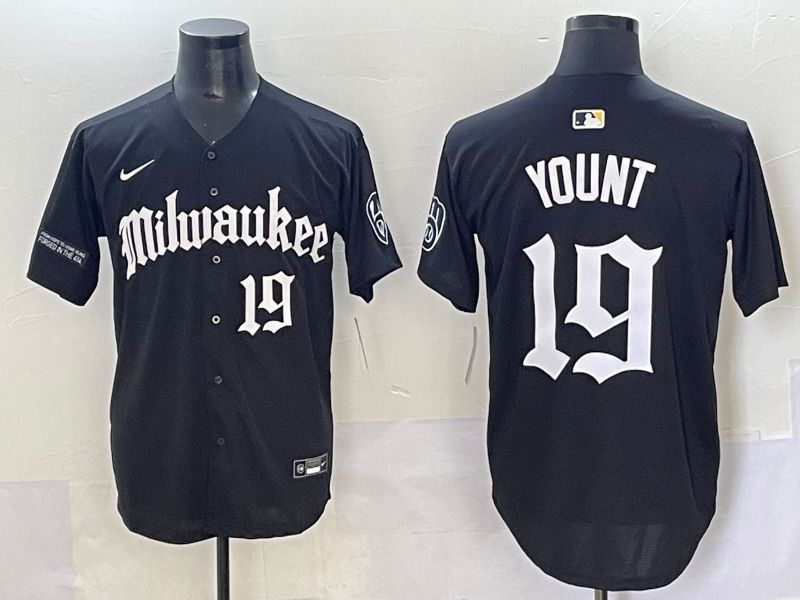 Men 2025 Milwaukee Brewers #19 Yount Black Five generations Joint Name Nike MLB Jersey style 10->milwaukee brewers->MLB Jersey